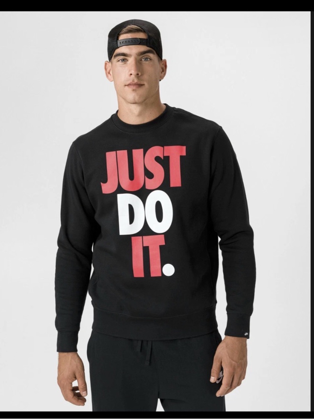 NWOT Nike Men’s Black Crewneck Sweatshirt with Red and White 'Just Do It'
